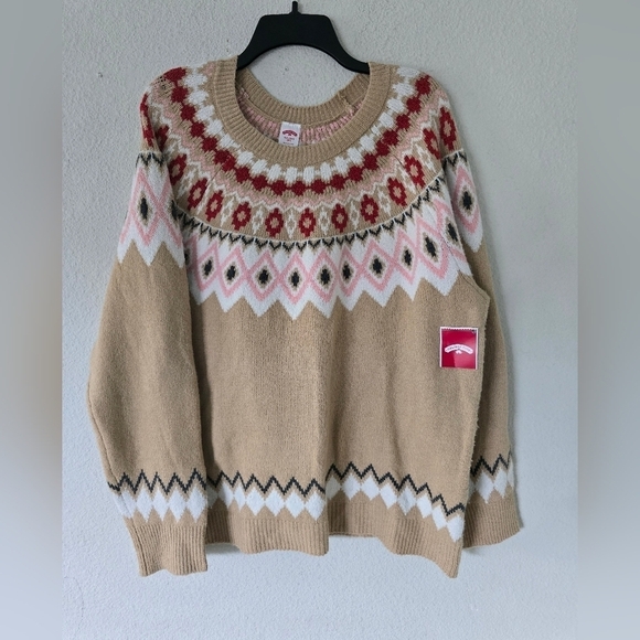 Holiday Time Sweater Women 2X Plus Long Sleeve Grannycore Tan Red Fair Isle New - Picture 3 of 15